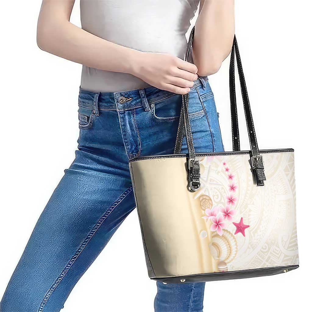 Beige Frangipani Sea Shell Leather Tote Bag Starfish Polynesian Pattern - Polynesian Pride