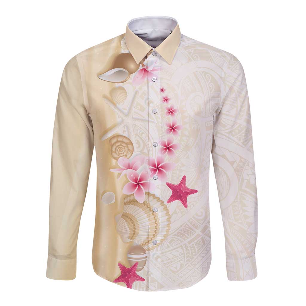 Beige Frangipani Sea Shell Long Sleeve Button Shirt Starfish Polynesian Pattern - Polynesian Pride