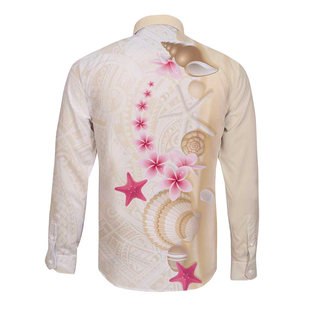 Beige Frangipani Sea Shell Long Sleeve Button Shirt Starfish Polynesian Pattern - Polynesian Pride