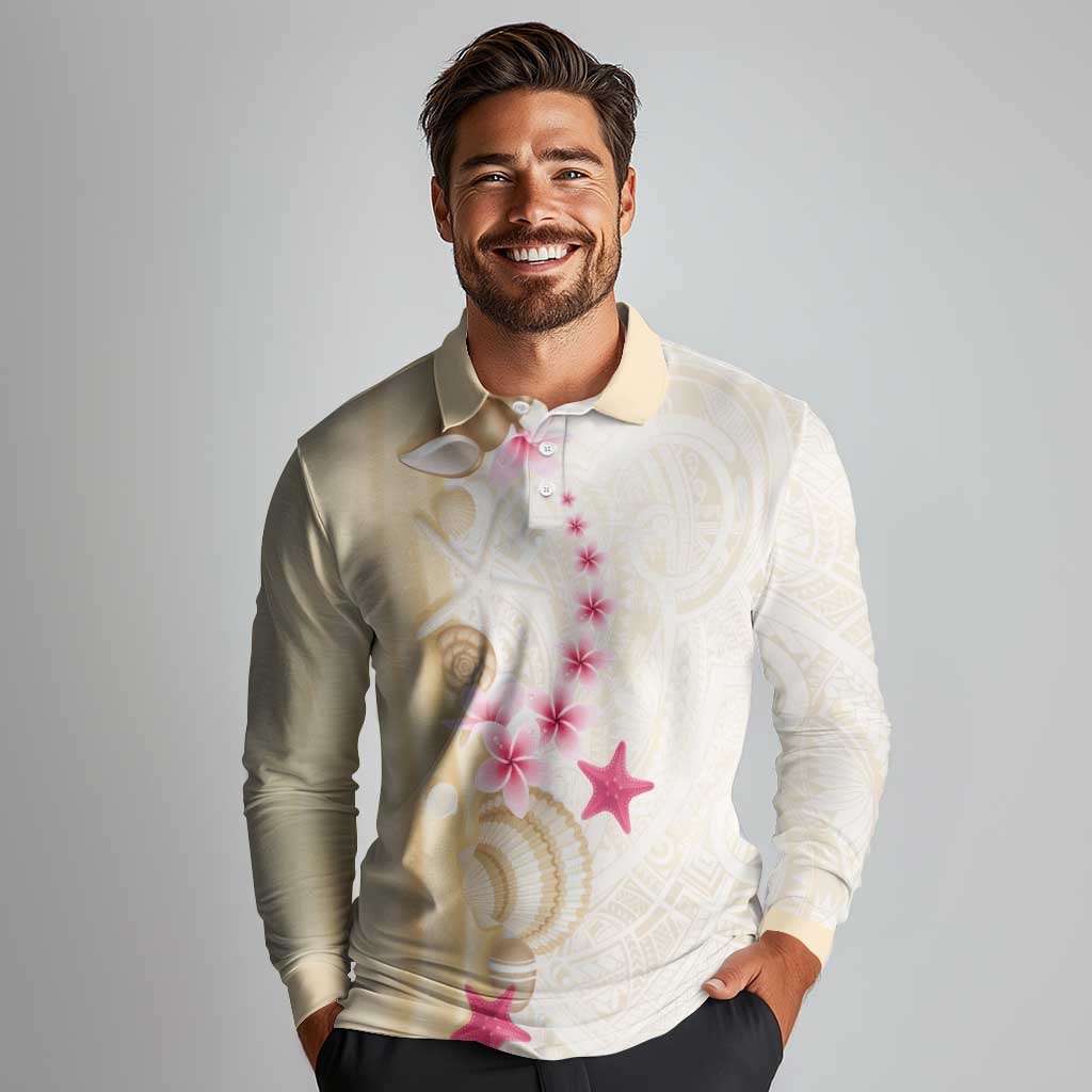 Beige Frangipani Sea Shell Long Sleeve Polo Shirt Starfish Polynesian Pattern - Polynesian Pride