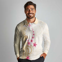 Beige Frangipani Sea Shell Long Sleeve Polo Shirt Starfish Polynesian Pattern - Polynesian Pride