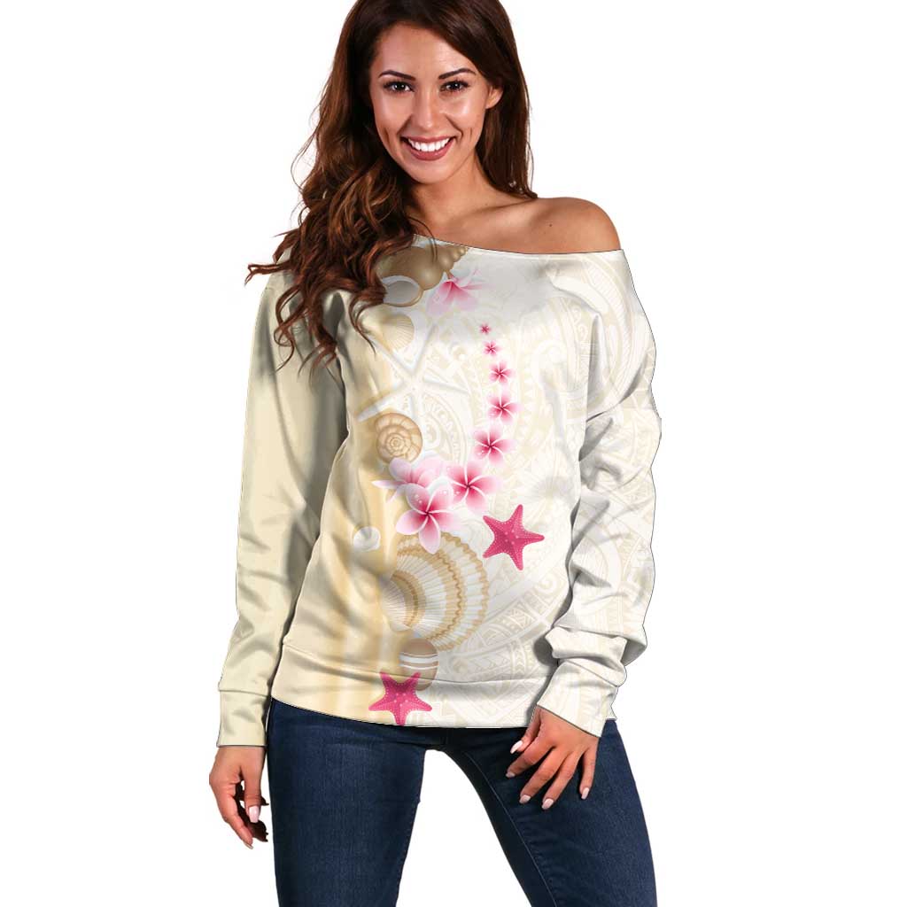 Beige Frangipani Sea Shell Off Shoulder Sweater Starfish Polynesian Pattern LT01 Women Beige - Polynesian Pride