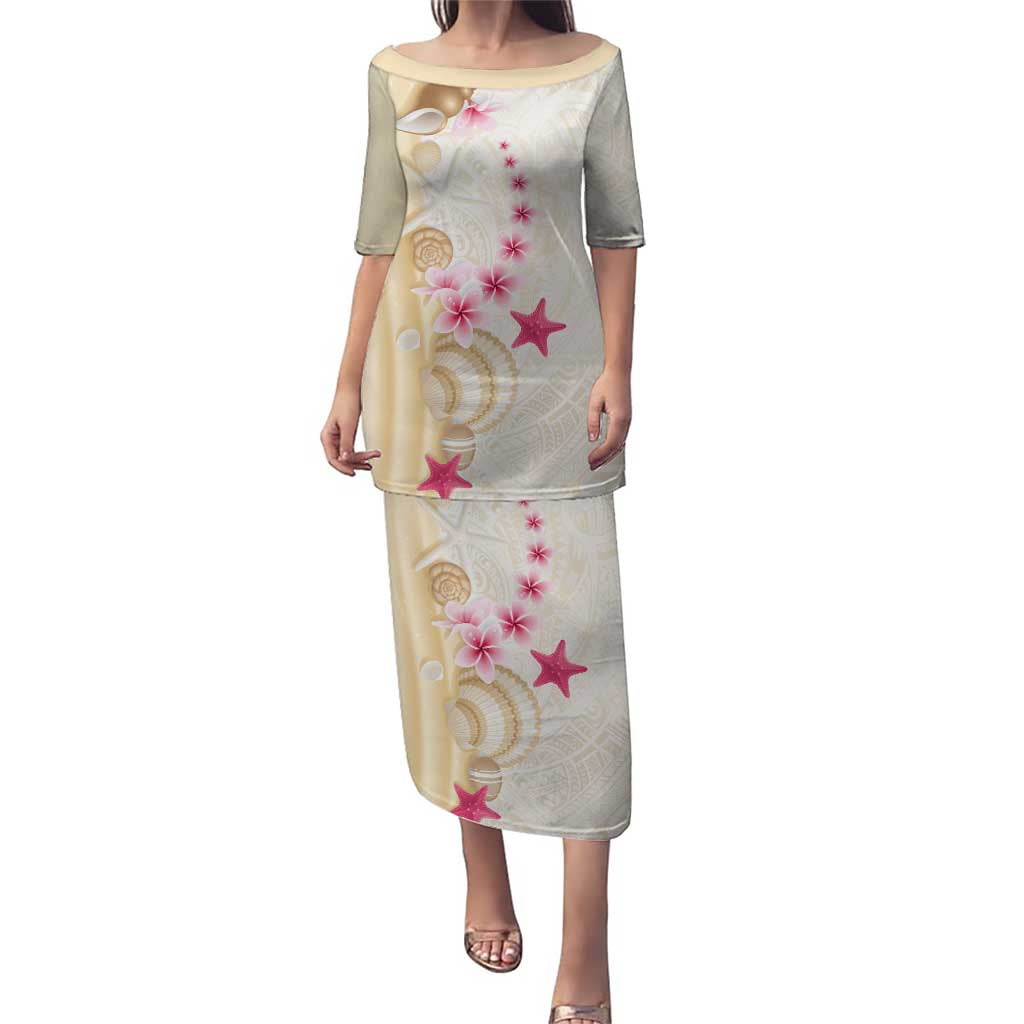 Beige Frangipani Sea Shell Puletasi Starfish Polynesian Pattern - Polynesian Pride