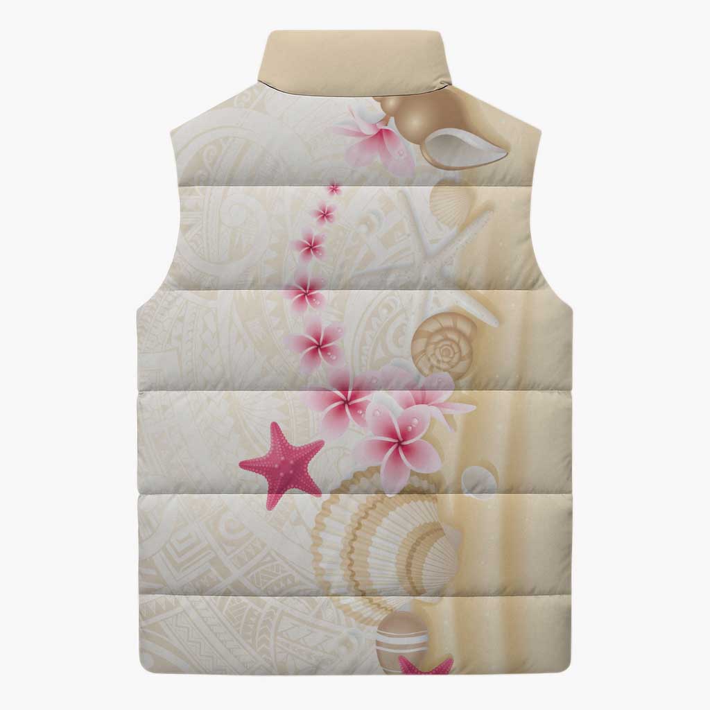 Beige Frangipani Sea Shell Sleeveless Puffer Jacket Starfish Polynesian Pattern - Polynesian Pride