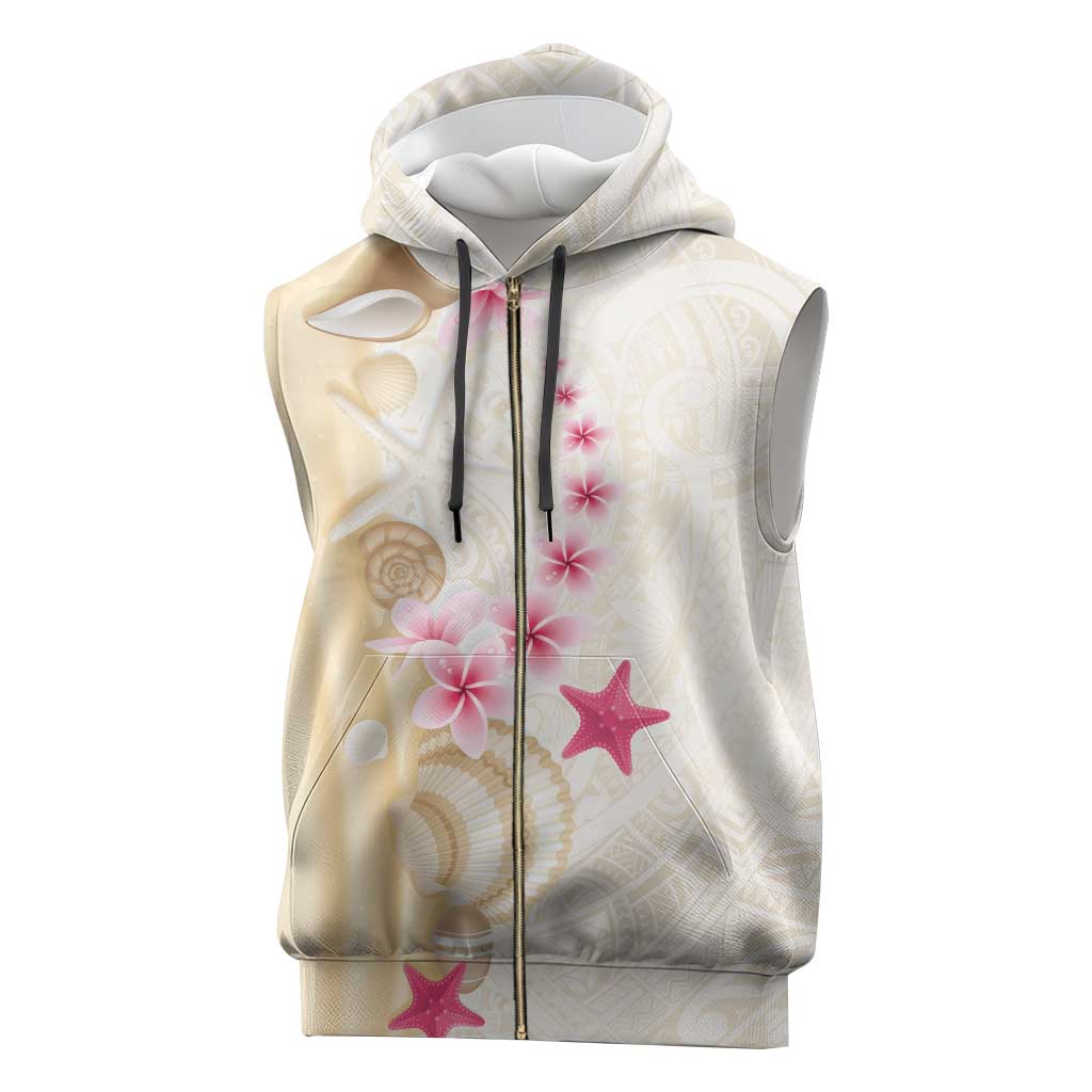 Beige Frangipani Sea Shell Sleeveless Zip Hoodie Starfish Polynesian Pattern LT01