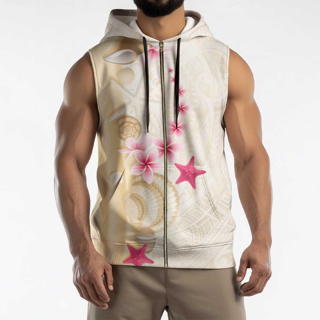 Beige Frangipani Sea Shell Sleeveless Zip Hoodie Starfish Polynesian Pattern - Polynesian Pride