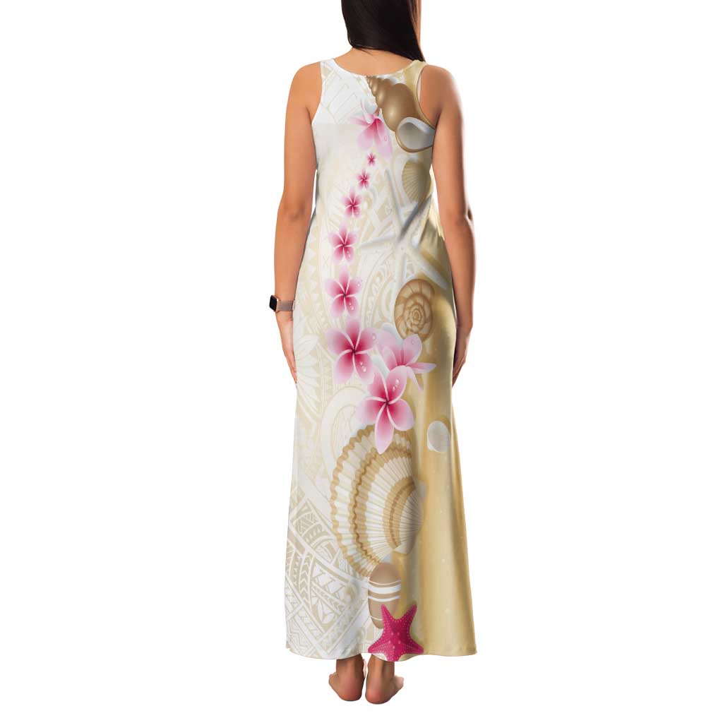 Beige Frangipani Sea Shell Tank Maxi Dress Starfish Polynesian Pattern - Polynesian Pride
