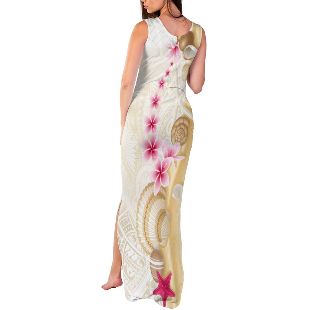 Beige Frangipani Sea Shell Tank Maxi Dress Starfish Polynesian Pattern - Polynesian Pride
