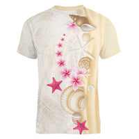 Beige Frangipani Sea Shell Women V-Neck T-Shirt Starfish Polynesian Pattern - Polynesian Pride