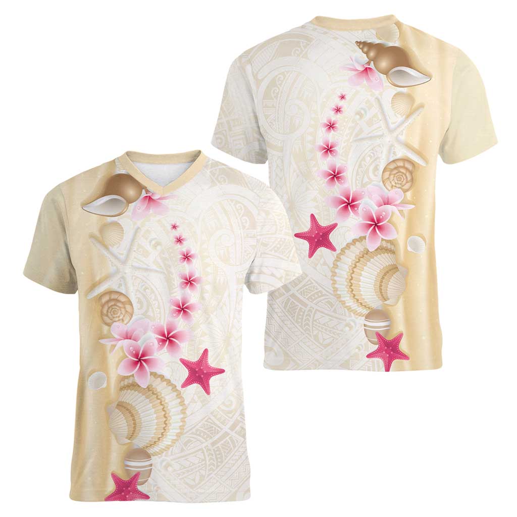 Beige Frangipani Sea Shell Women V-Neck T-Shirt Starfish Polynesian Pattern - Polynesian Pride