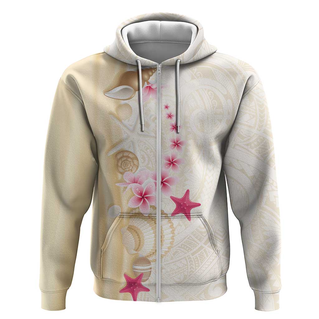 Beige Frangipani Sea Shell Zip Hoodie Starfish Polynesian Pattern LT01 Zip Hoodie Beige - Polynesian Pride
