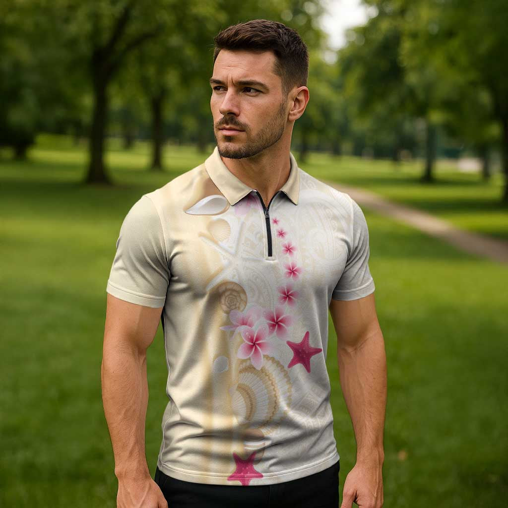 Beige Frangipani Sea Shell Zipper Polo Shirt Starfish Polynesian Pattern - Polynesian Pride