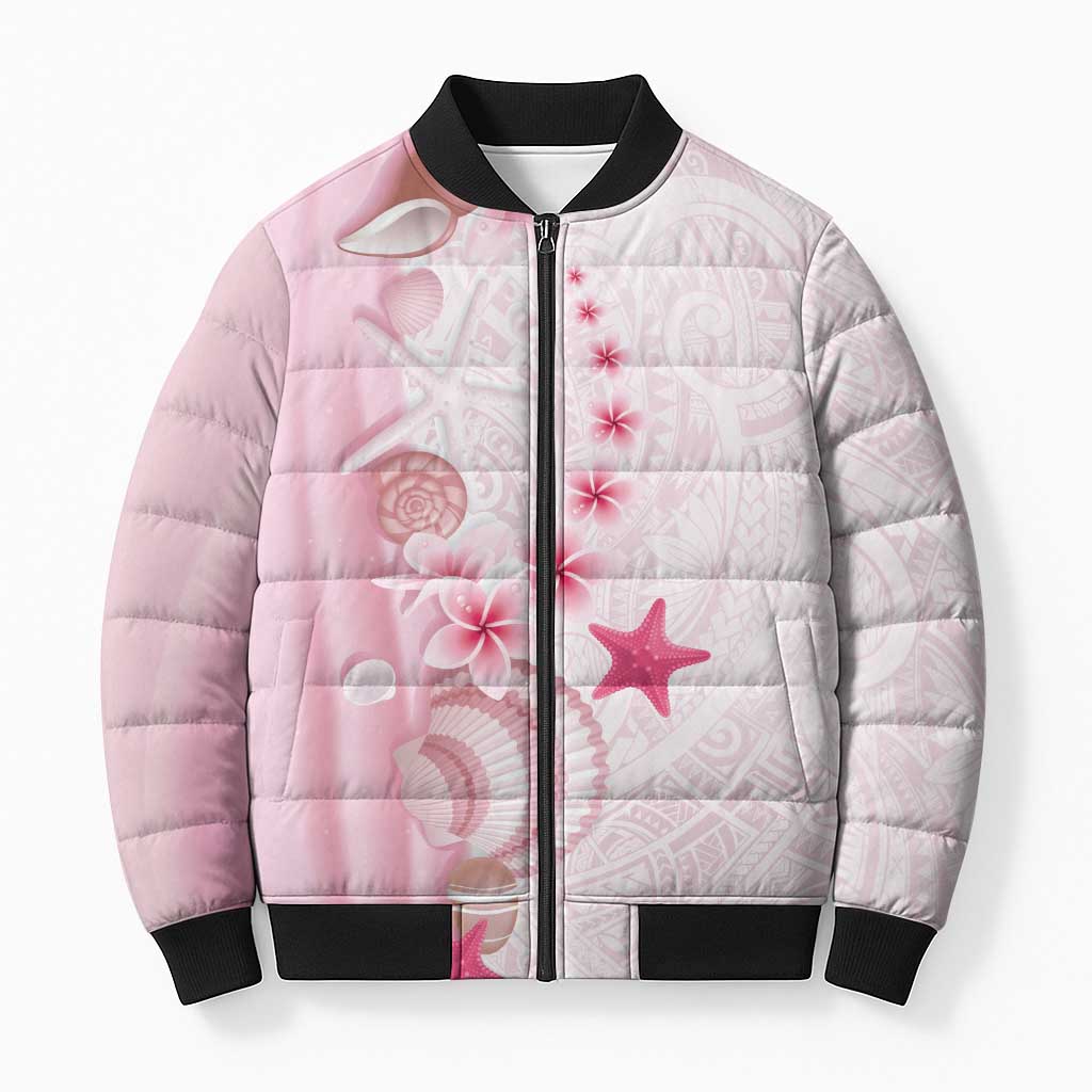 Pink Plumeria Sea Shell Bomber Puffer Jacket Starfish Polynesian Pattern - Polynesian Pride