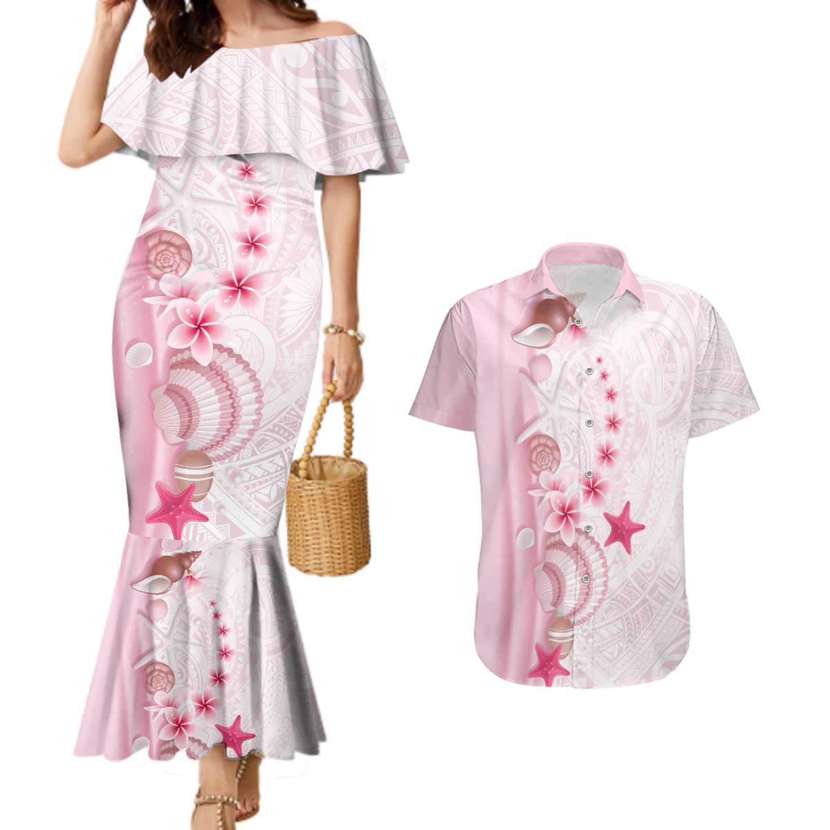 Pink Plumeria Sea Shell Couples Matching Mermaid Dress and Hawaiian Shirt Starfish Polynesian Pattern - Polynesian Pride