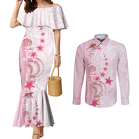 Pink Plumeria Sea Shell Couples Matching Mermaid Dress and Long Sleeve Button Shirt Starfish Polynesian Pattern - Polynesian Pride