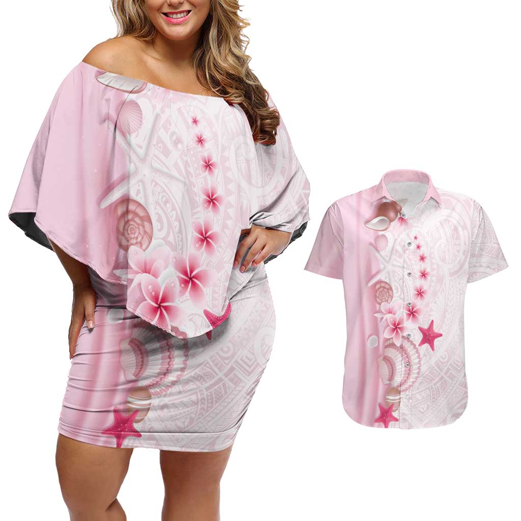 Pink Plumeria Sea Shell Couples Matching Off Shoulder Short Dress and Hawaiian Shirt Starfish Polynesian Pattern - Polynesian Pride
