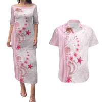Pink Plumeria Sea Shell Couples Matching Puletasi and Hawaiian Shirt Starfish Polynesian Pattern - Polynesian Pride