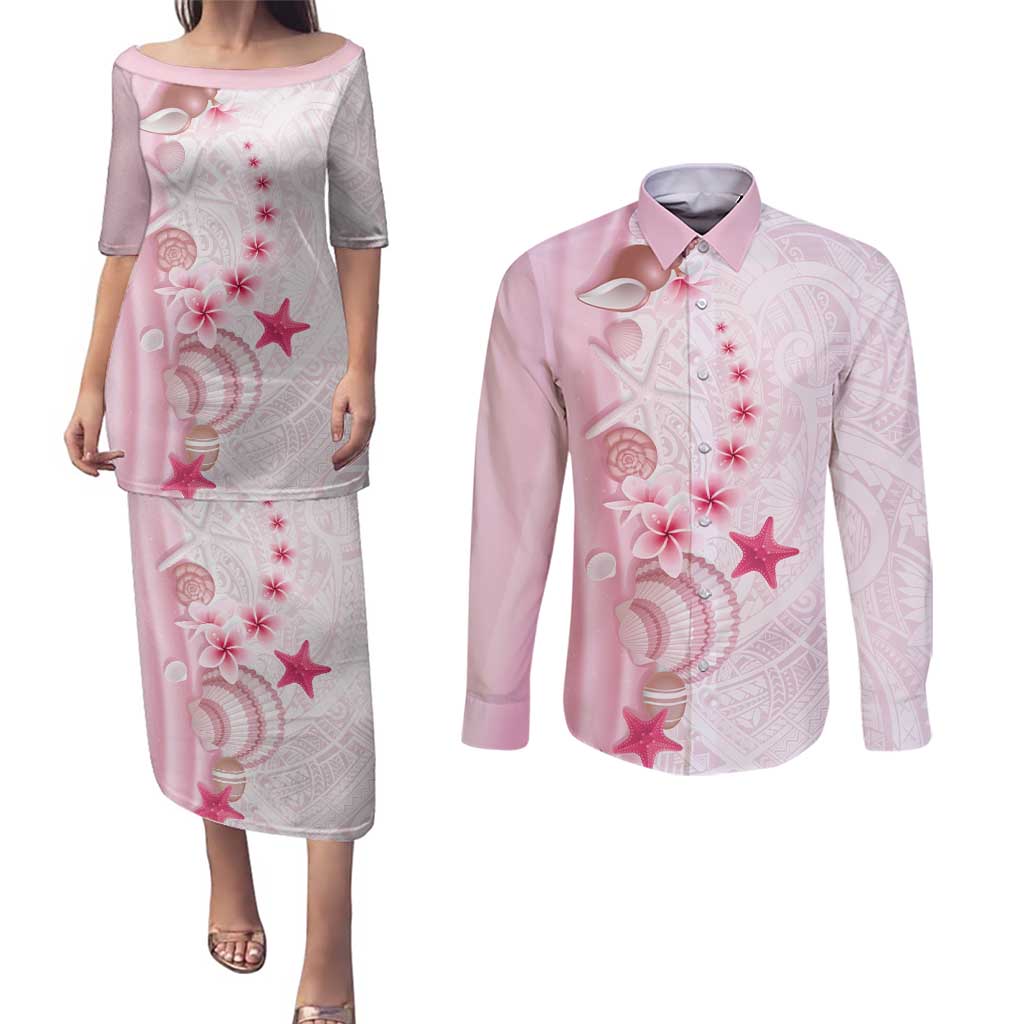 Pink Plumeria Sea Shell Couples Matching Puletasi and Long Sleeve Button Shirt Starfish Polynesian Pattern - Polynesian Pride