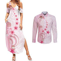 Pink Plumeria Sea Shell Couples Matching Summer Maxi Dress and Long Sleeve Button Shirt Starfish Polynesian Pattern - Polynesian Pride