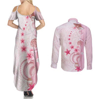 Pink Plumeria Sea Shell Couples Matching Summer Maxi Dress and Long Sleeve Button Shirt Starfish Polynesian Pattern - Polynesian Pride
