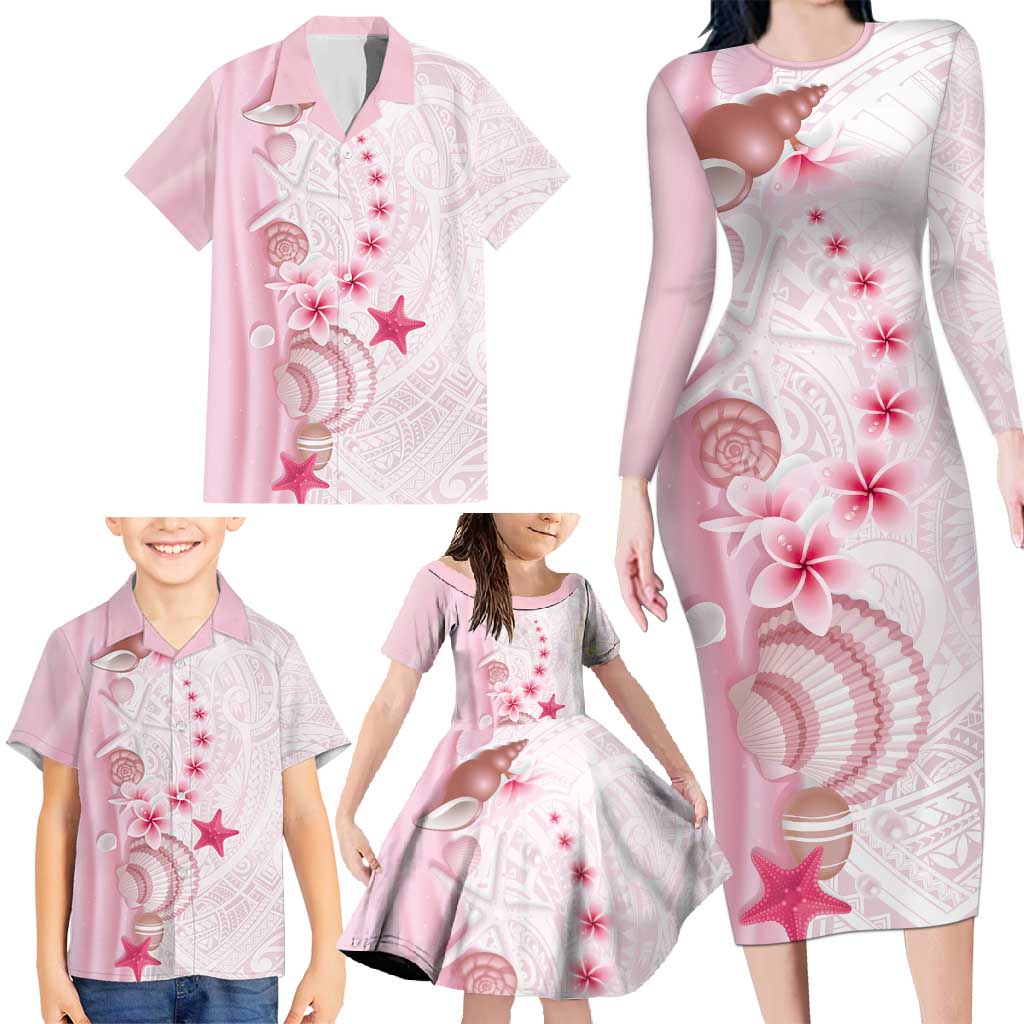 Pink Plumeria Sea Shell Family Matching Long Sleeve Bodycon Dress and Hawaiian Shirt Starfish Polynesian Pattern - Polynesian Pride