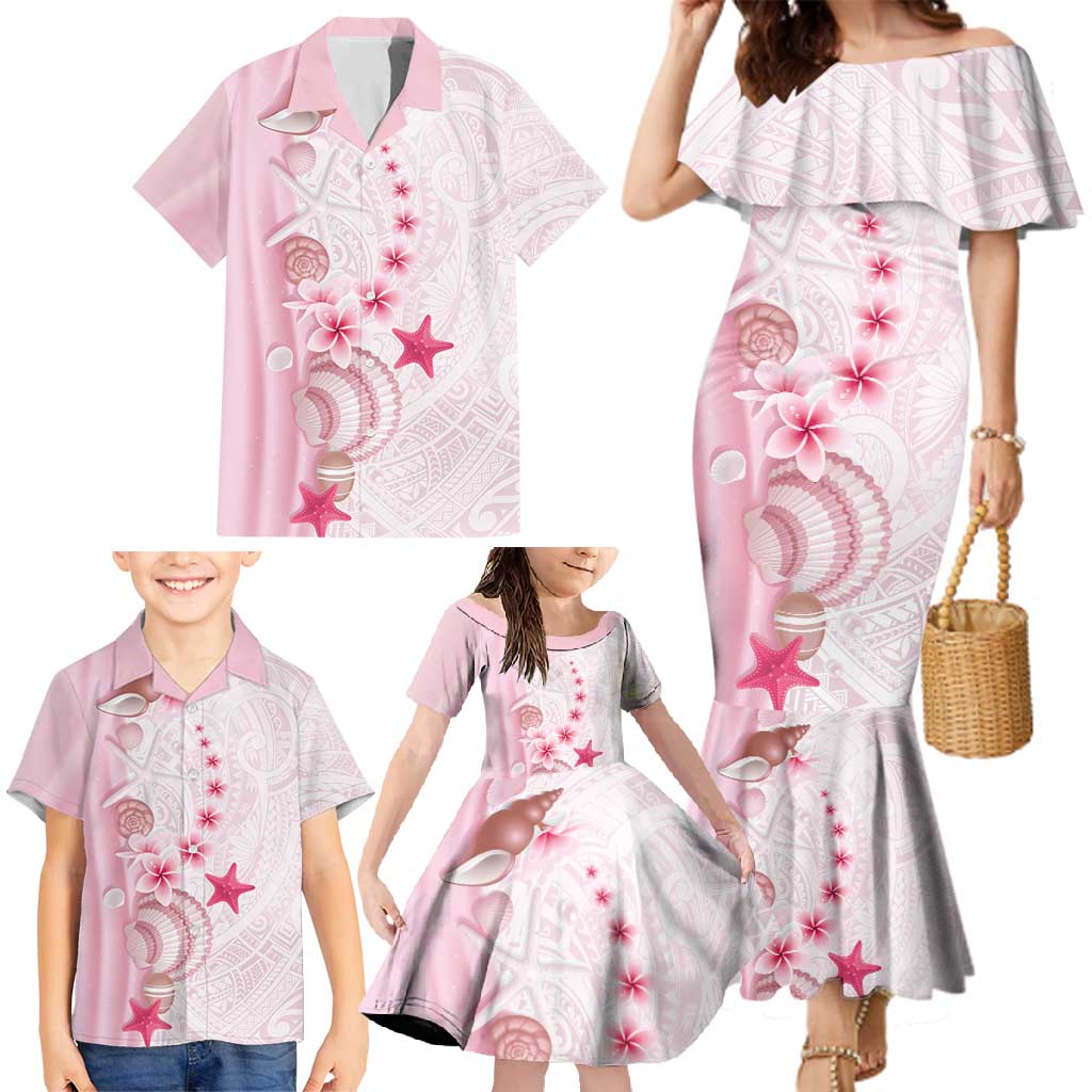 Pink Plumeria Sea Shell Family Matching Mermaid Dress and Hawaiian Shirt Starfish Polynesian Pattern - Polynesian Pride