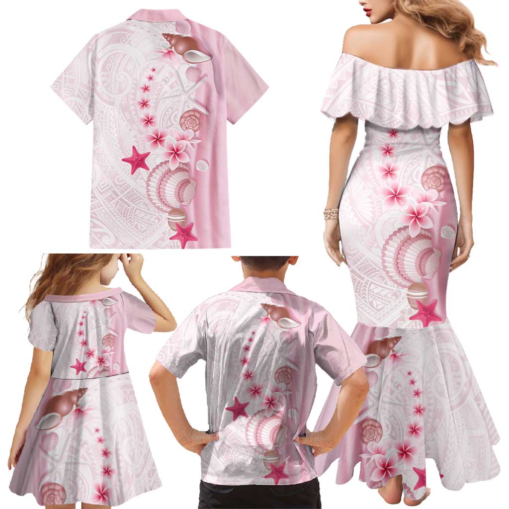Pink Plumeria Sea Shell Family Matching Mermaid Dress and Hawaiian Shirt Starfish Polynesian Pattern - Polynesian Pride