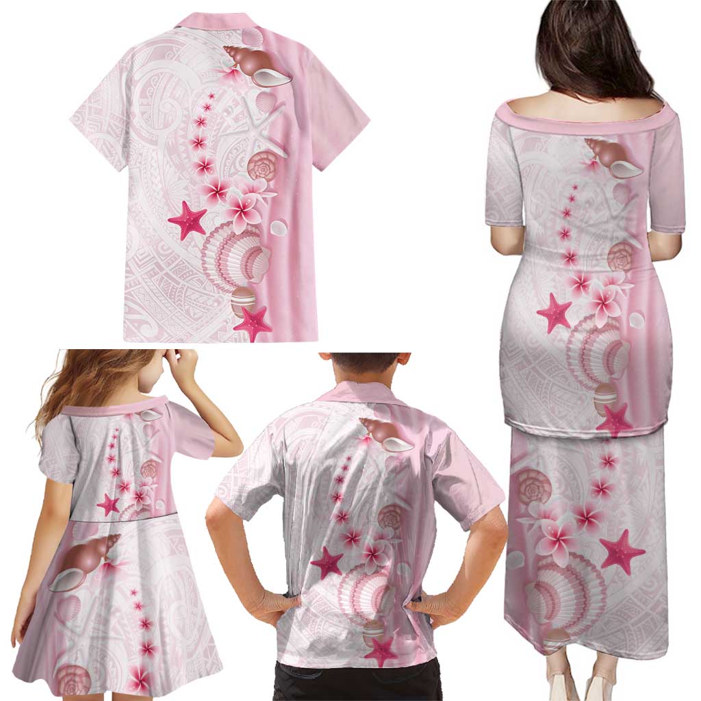 Pink Plumeria Sea Shell Family Matching Puletasi and Hawaiian Shirt Starfish Polynesian Pattern - Polynesian Pride