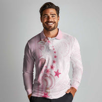 Pink Plumeria Sea Shell Long Sleeve Polo Shirt Starfish Polynesian Pattern - Polynesian Pride