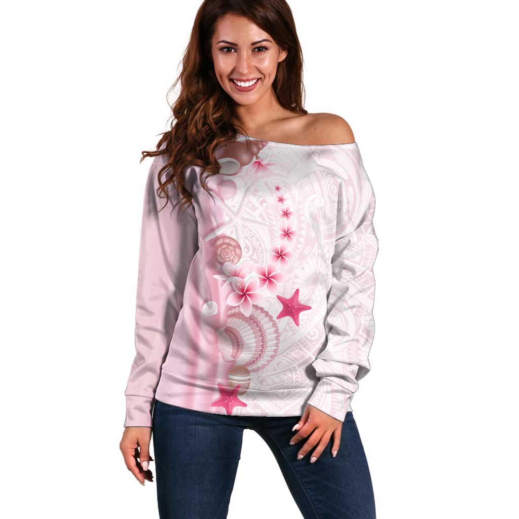 Pink Plumeria Sea Shell Off Shoulder Sweater Starfish Polynesian Pattern LT01 Women Pink - Polynesian Pride