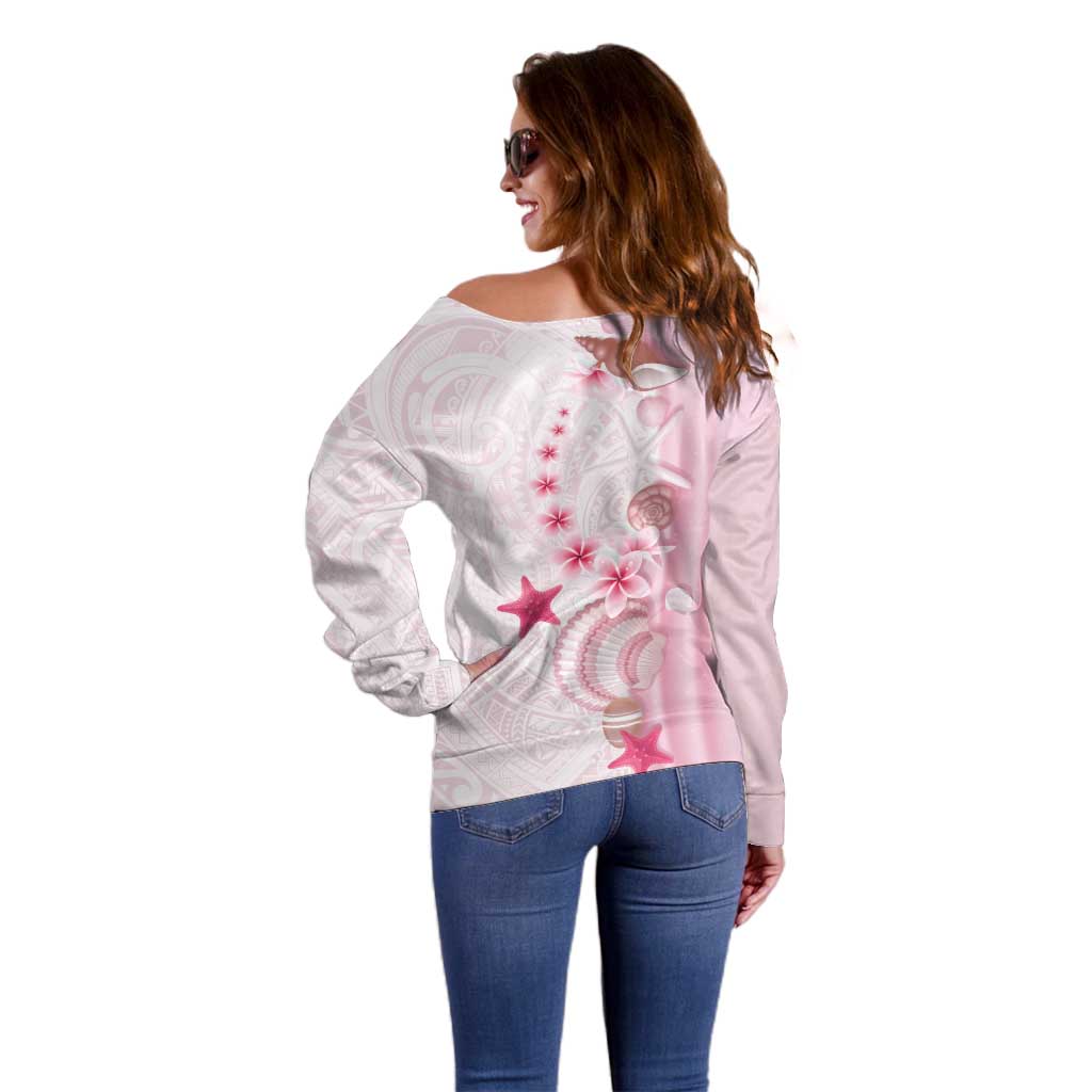 Pink Plumeria Sea Shell Off Shoulder Sweater Starfish Polynesian Pattern - Polynesian Pride