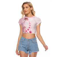 Pink Plumeria Sea Shell Raglan Cropped T Shirt Starfish Polynesian Pattern - Polynesian Pride