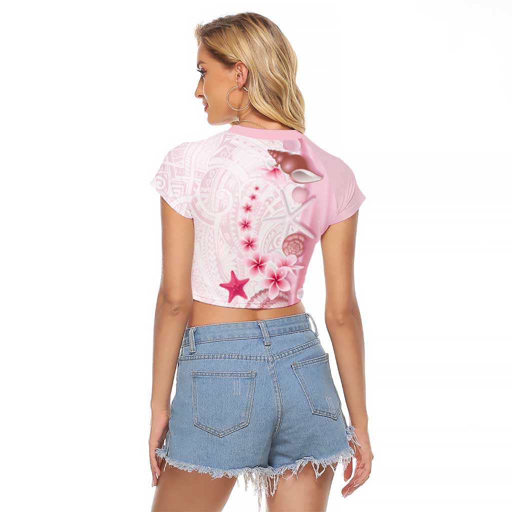 Pink Plumeria Sea Shell Raglan Cropped T Shirt Starfish Polynesian Pattern - Polynesian Pride