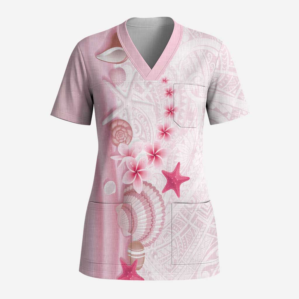 Pink Plumeria Sea Shell Scrub Top Starfish Polynesian Pattern - Polynesian Pride