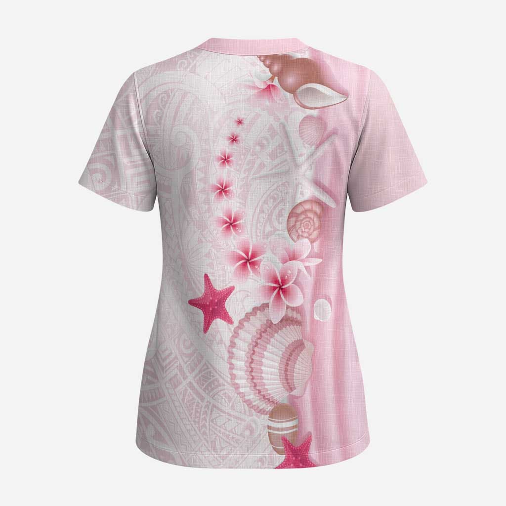 Pink Plumeria Sea Shell Scrub Top Starfish Polynesian Pattern - Polynesian Pride