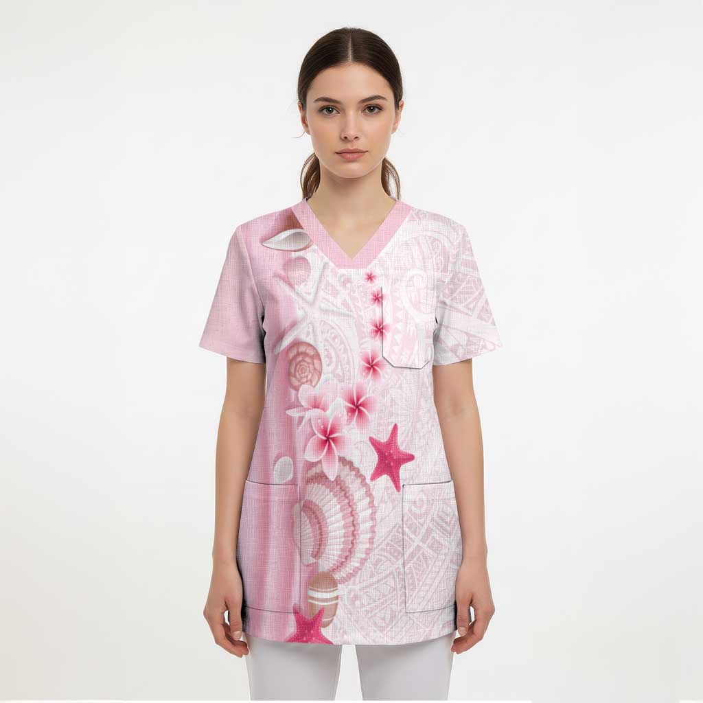 Pink Plumeria Sea Shell Scrub Top Starfish Polynesian Pattern - Polynesian Pride