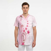 Pink Plumeria Sea Shell Scrub Top Starfish Polynesian Pattern - Polynesian Pride