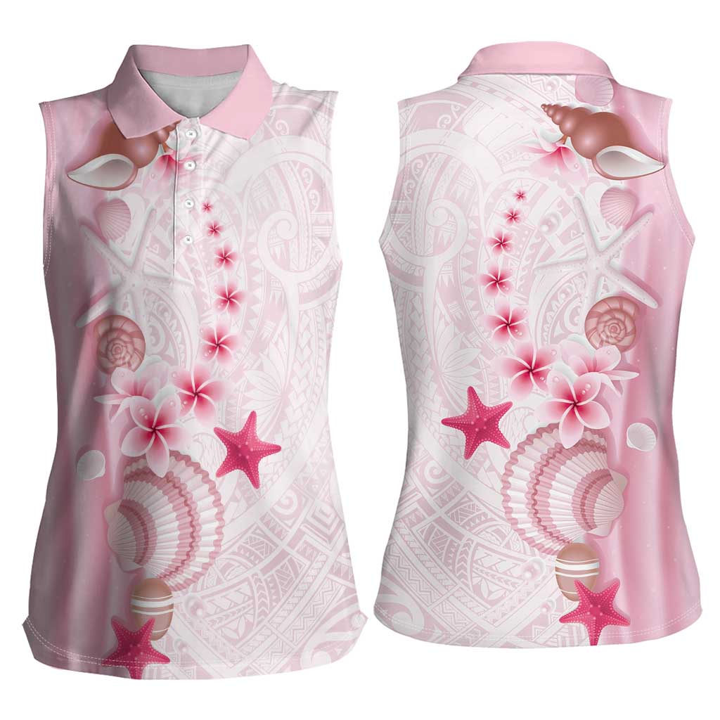 Pink Plumeria Sea Shell Women Sleeveless Polo Shirt Starfish Polynesian Pattern - Polynesian Pride