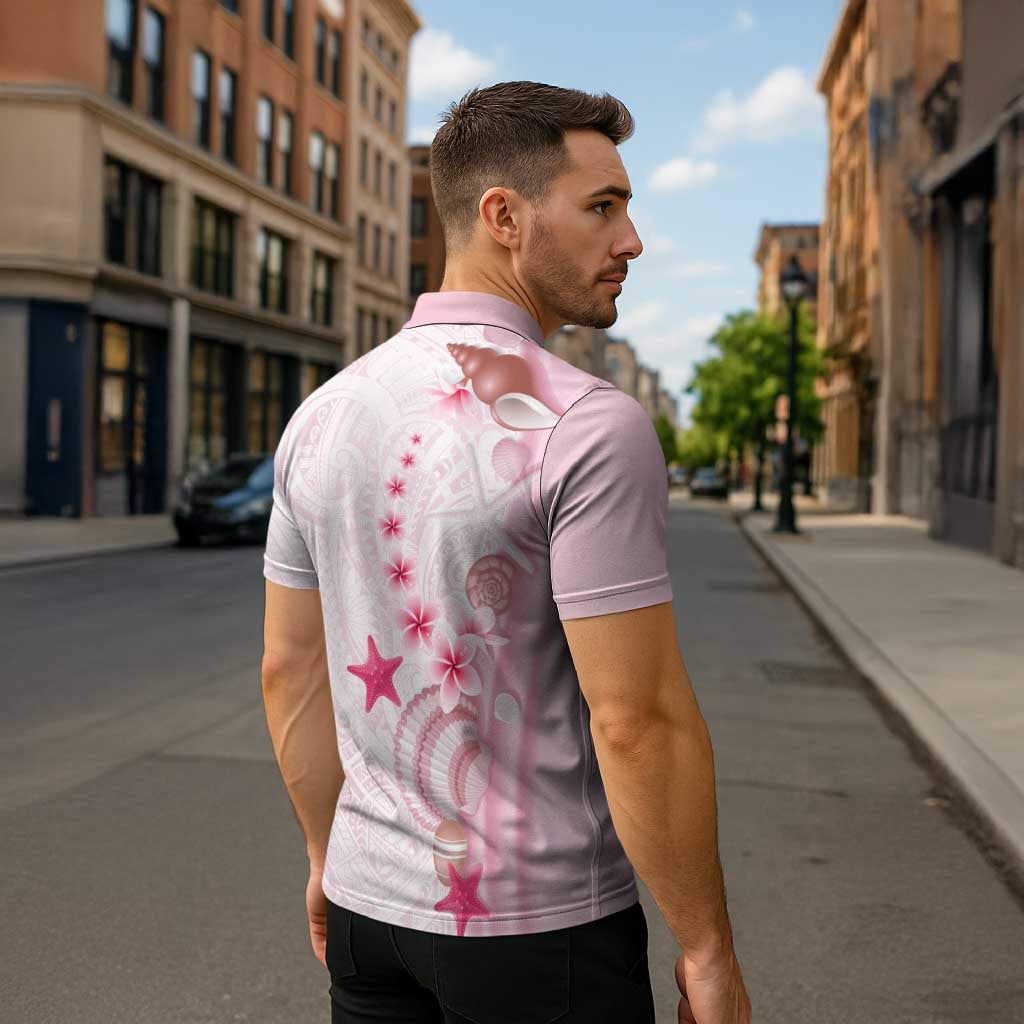 Pink Plumeria Sea Shell Zipper Polo Shirt Starfish Polynesian Pattern - Polynesian Pride