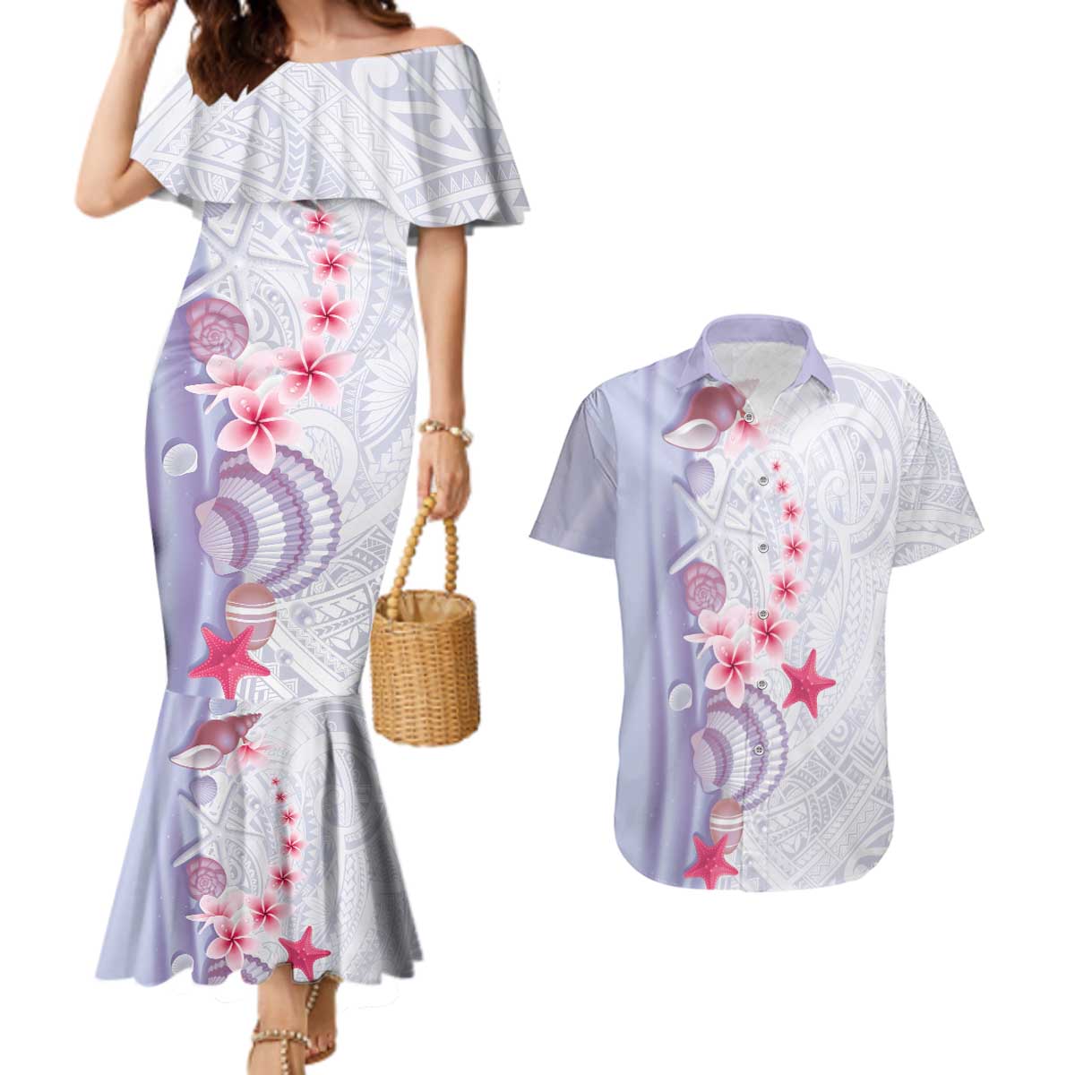 Purple Plumeria Sea Shell Couples Matching Mermaid Dress and Hawaiian Shirt Starfish Polynesian Pattern - Polynesian Pride