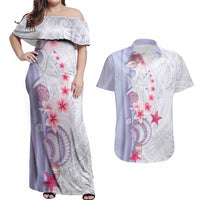 Purple Plumeria Sea Shell Couples Matching Off Shoulder Maxi Dress and Hawaiian Shirt Starfish Polynesian Pattern - Polynesian Pride