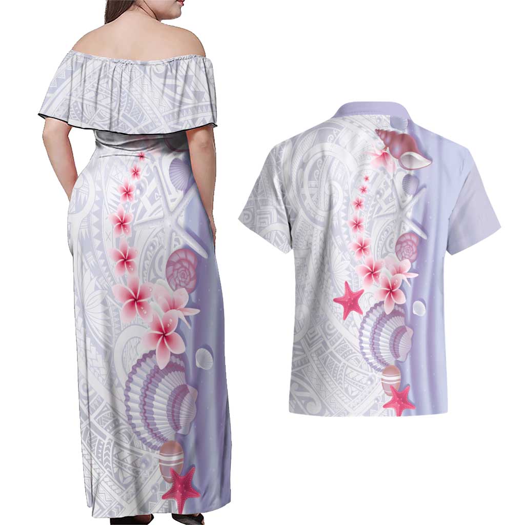 Purple Plumeria Sea Shell Couples Matching Off Shoulder Maxi Dress and Hawaiian Shirt Starfish Polynesian Pattern - Polynesian Pride