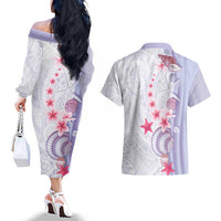 Purple Plumeria Sea Shell Couples Matching Off The Shoulder Long Sleeve Dress and Hawaiian Shirt Starfish Polynesian Pattern - Polynesian Pride