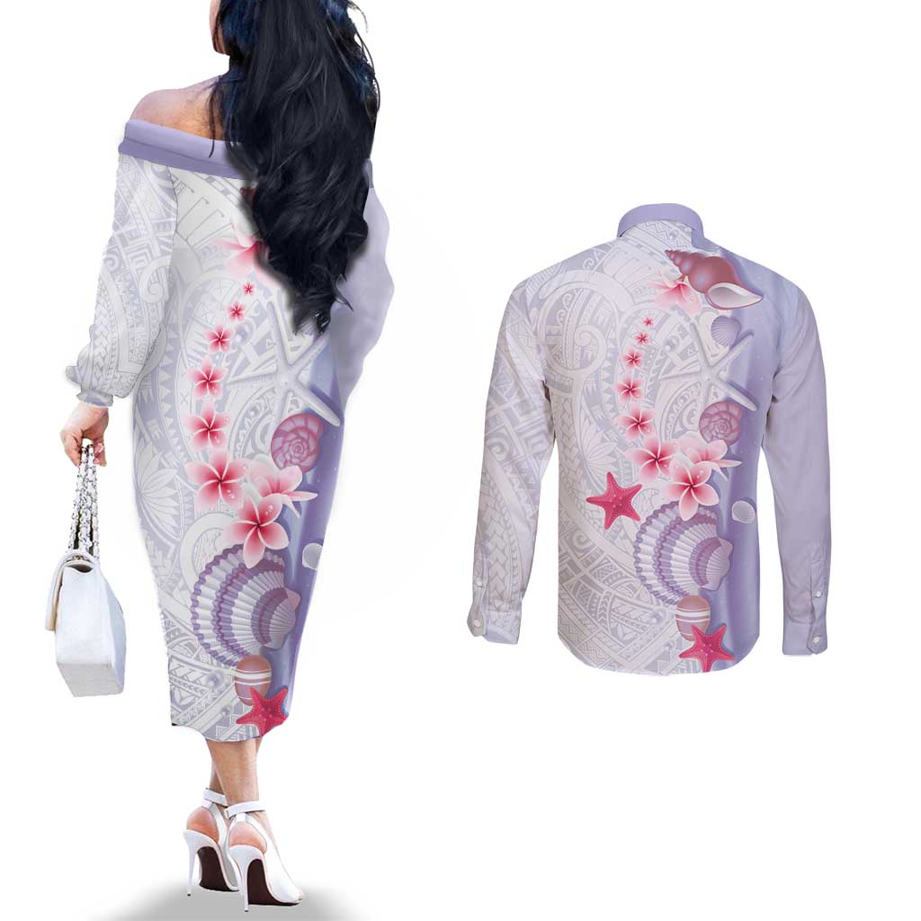Purple Plumeria Sea Shell Couples Matching Off The Shoulder Long Sleeve Dress and Long Sleeve Button Shirt Starfish Polynesian Pattern - Polynesian Pride