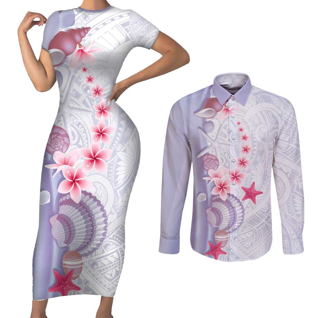 Purple Plumeria Sea Shell Couples Matching Short Sleeve Bodycon Dress and Long Sleeve Button Shirt Starfish Polynesian Pattern - Polynesian Pride