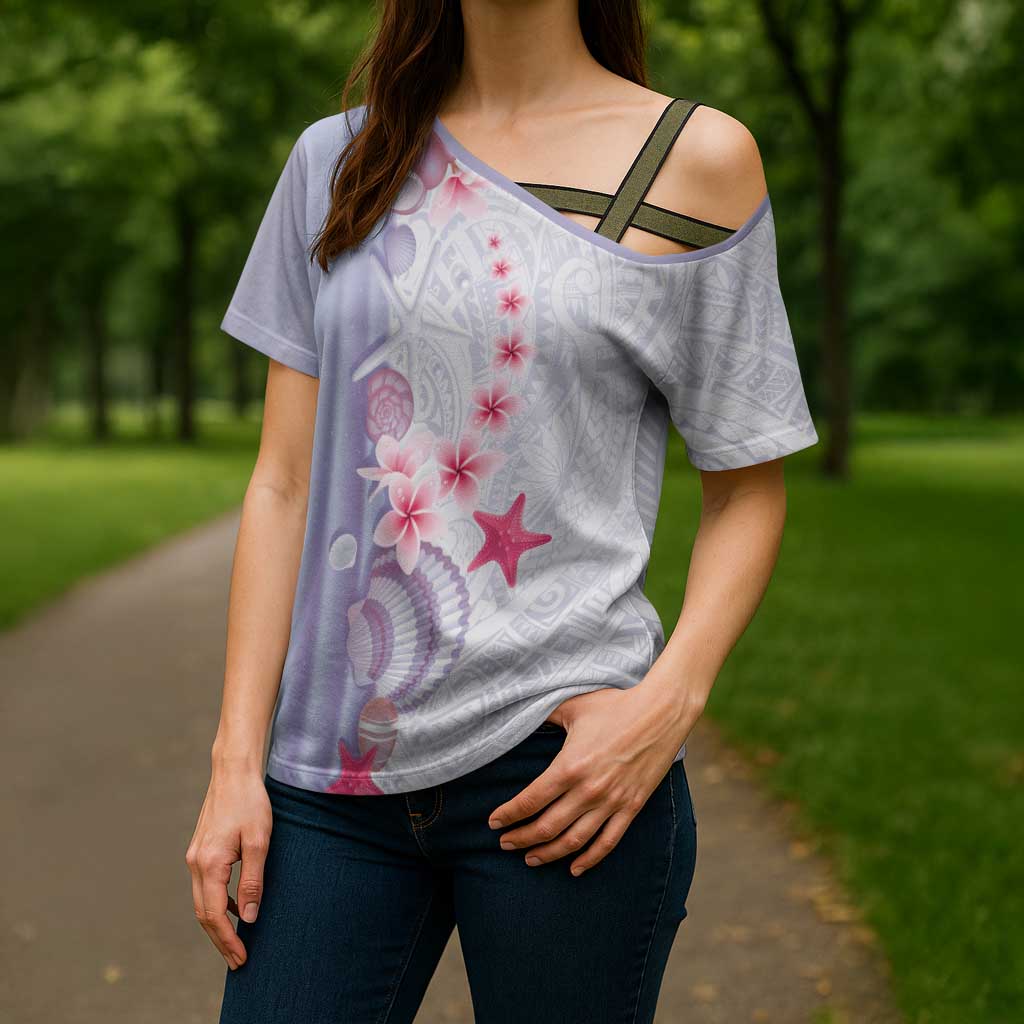 Purple Plumeria Sea Shell Cross Shoulder Shirt Starfish Polynesian Pattern - Polynesian Pride