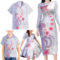 Purple Plumeria Sea Shell Family Matching Long Sleeve Bodycon Dress and Hawaiian Shirt Starfish Polynesian Pattern - Polynesian Pride