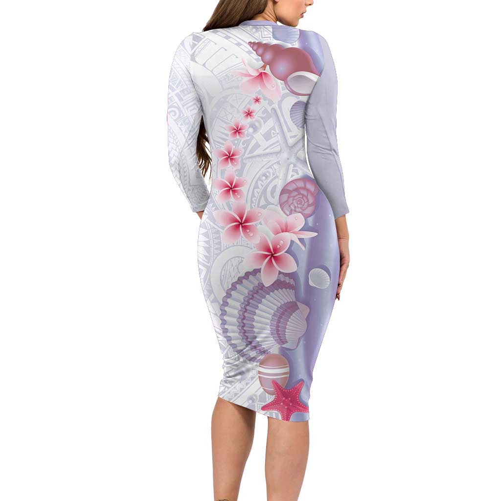 Purple Plumeria Sea Shell Family Matching Long Sleeve Bodycon Dress and Hawaiian Shirt Starfish Polynesian Pattern - Polynesian Pride