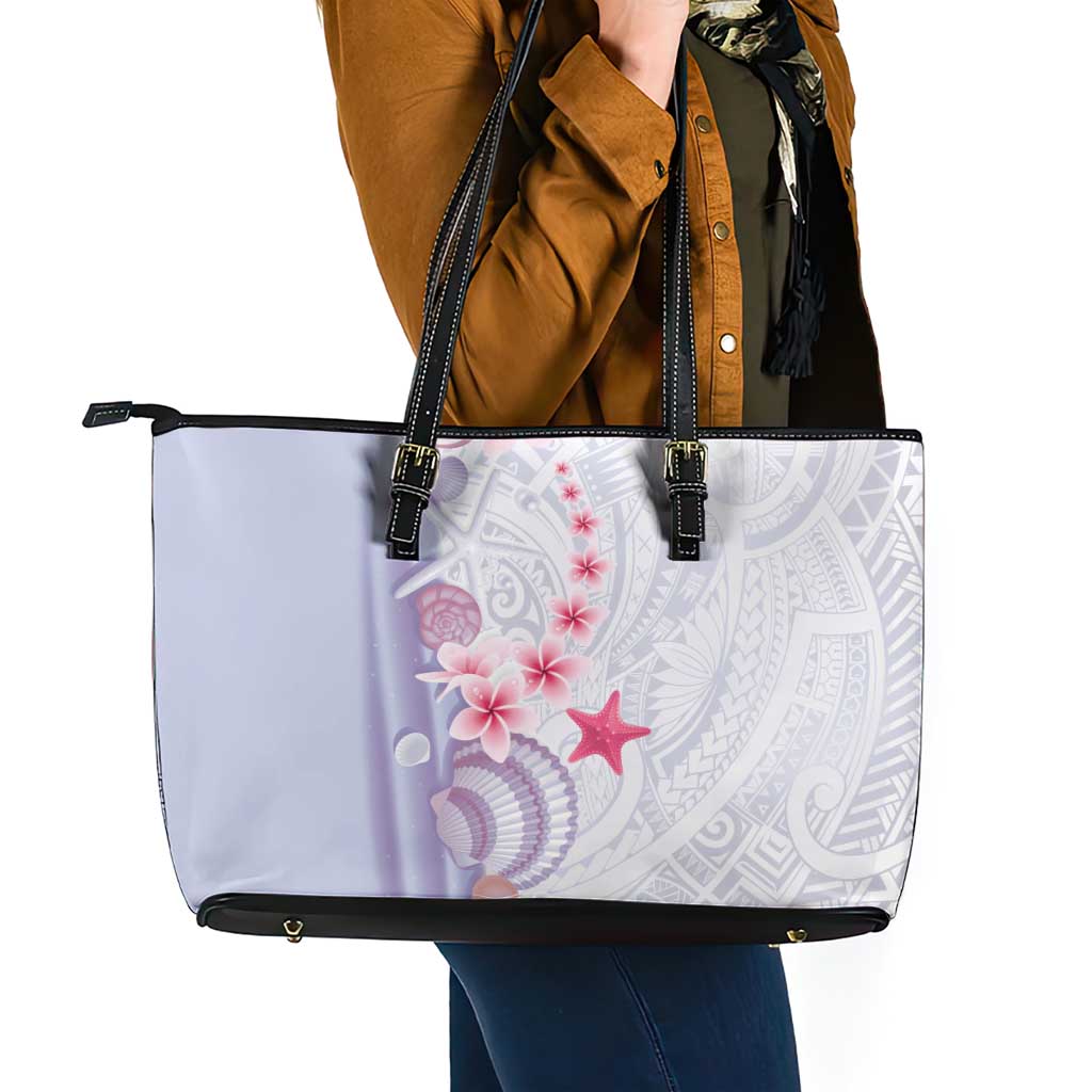 Purple Plumeria Sea Shell Leather Tote Bag Starfish Polynesian Pattern - Polynesian Pride