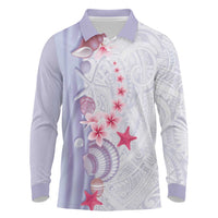 Purple Plumeria Sea Shell Long Sleeve Polo Shirt Starfish Polynesian Pattern - Polynesian Pride